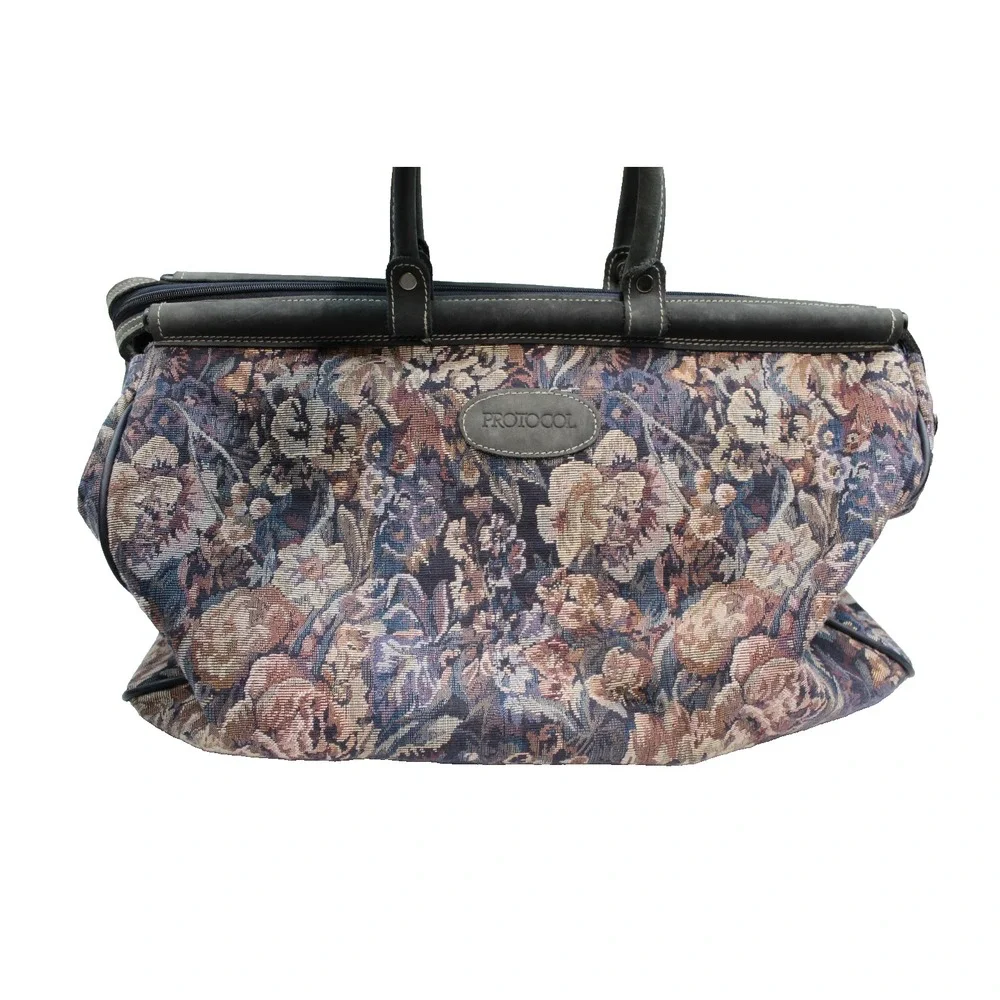 Vtg 90s PROTOCOL Duffle Bag & Pull Along Waverly Floral Tapestry Travel Luggage